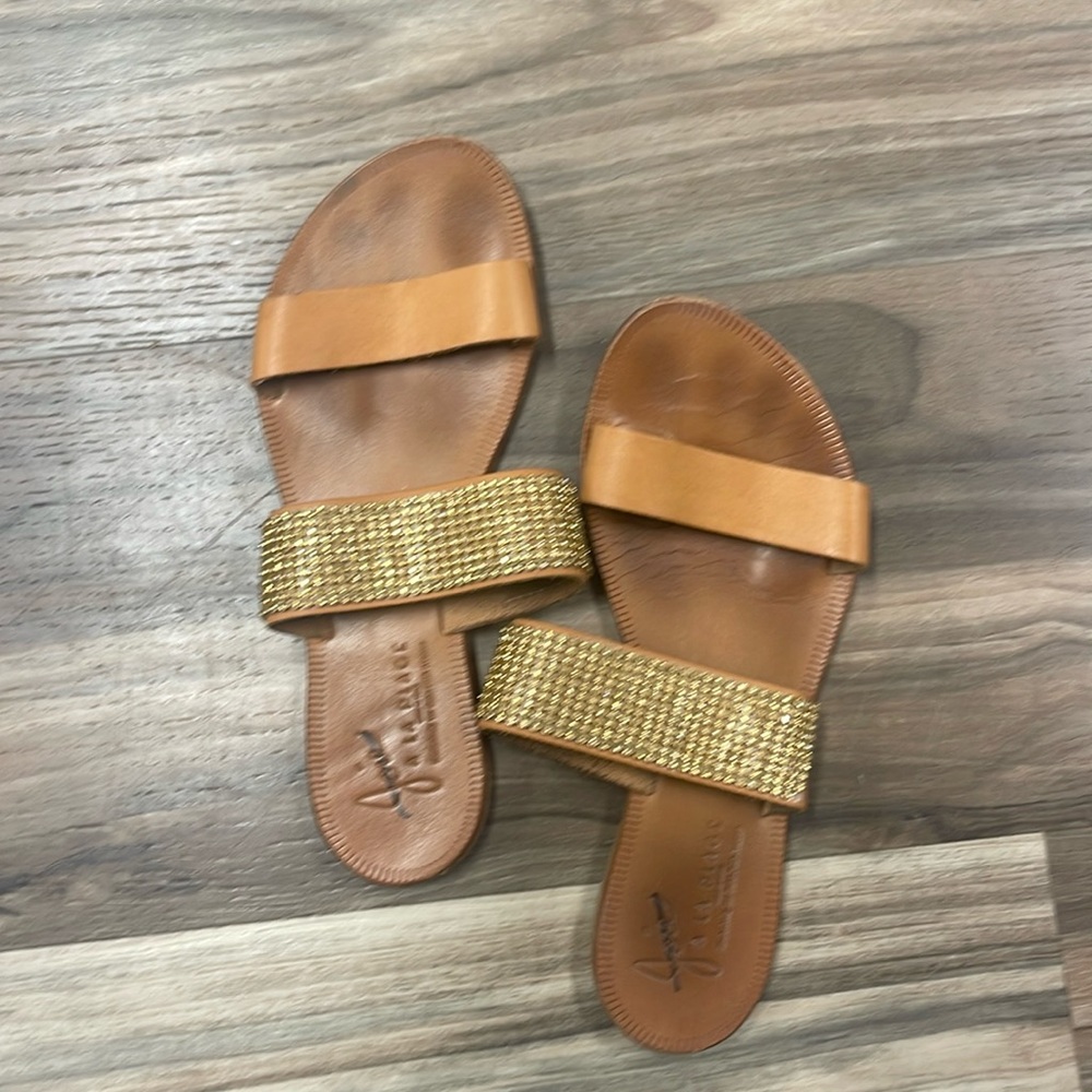 Gold rhinestone and tan sandals